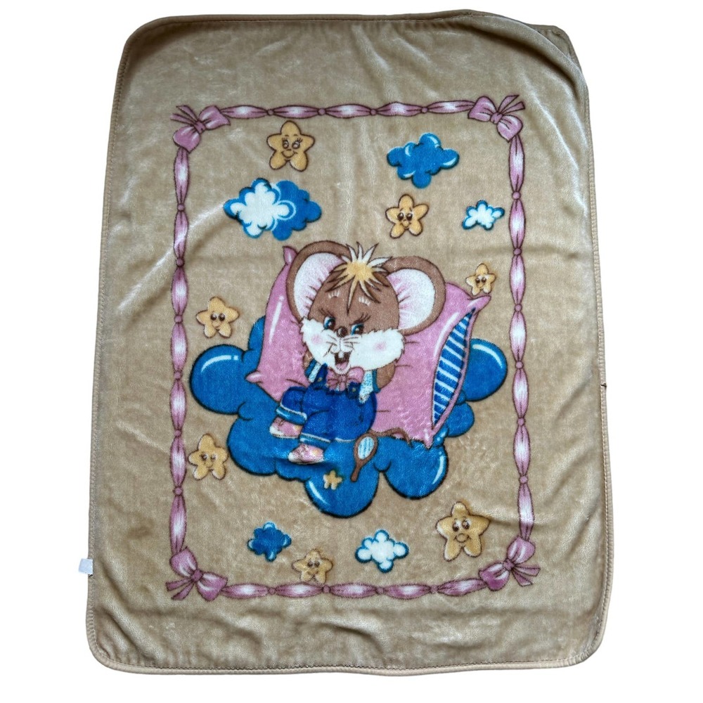 Sitting Sleeping Bear Mouse Stars Cloud Brown Pink Blue Vtg Minky Throw Blanket
